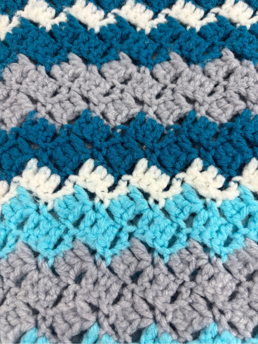 Vintage Handmade Crochet Gray, Aqua and Teal Throw Blanket Afghan Scalloped Edge - Picture 5 of 6